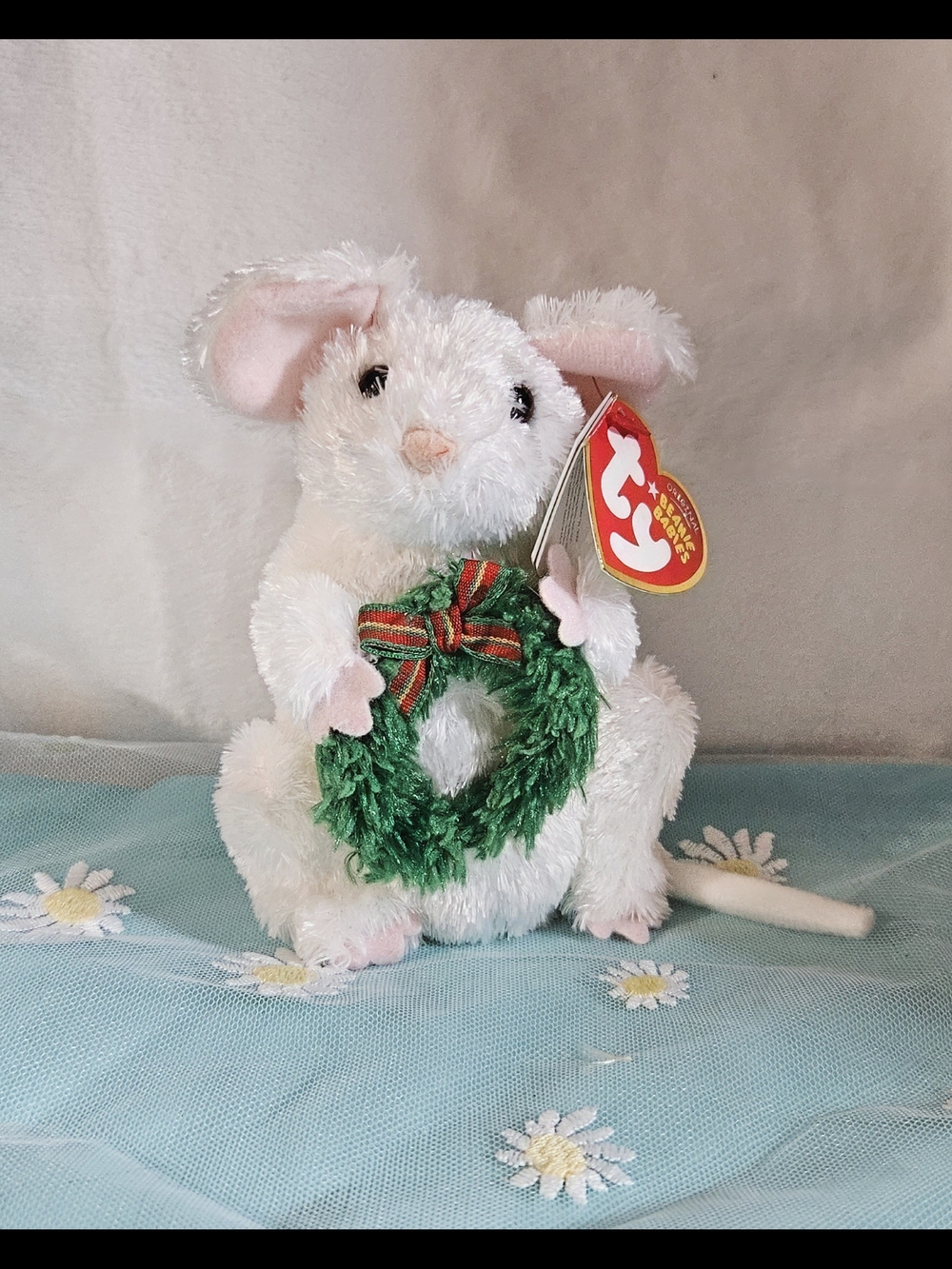 Ty White Plush Mouse with Green Wreath and Pink Accents